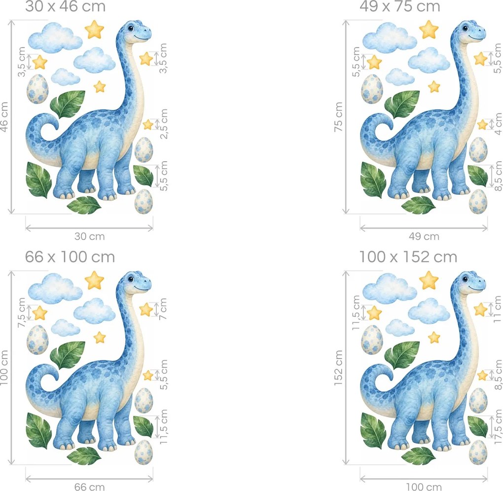 Modrý dlhokrký dinosaurus modré akvarelové nálepky pre chlapcov na stenu arch 30 x 46 cm