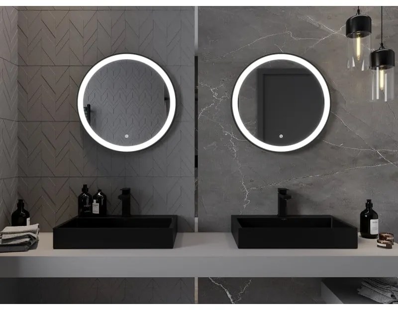 Mexen Esso, okrúhle LED podsvietené kúpeľňové zrkadlo 60 cm, 6000K, vykurovacia podložka proti zahmlievaniu, čierny rám, 9825-060-060-611-70