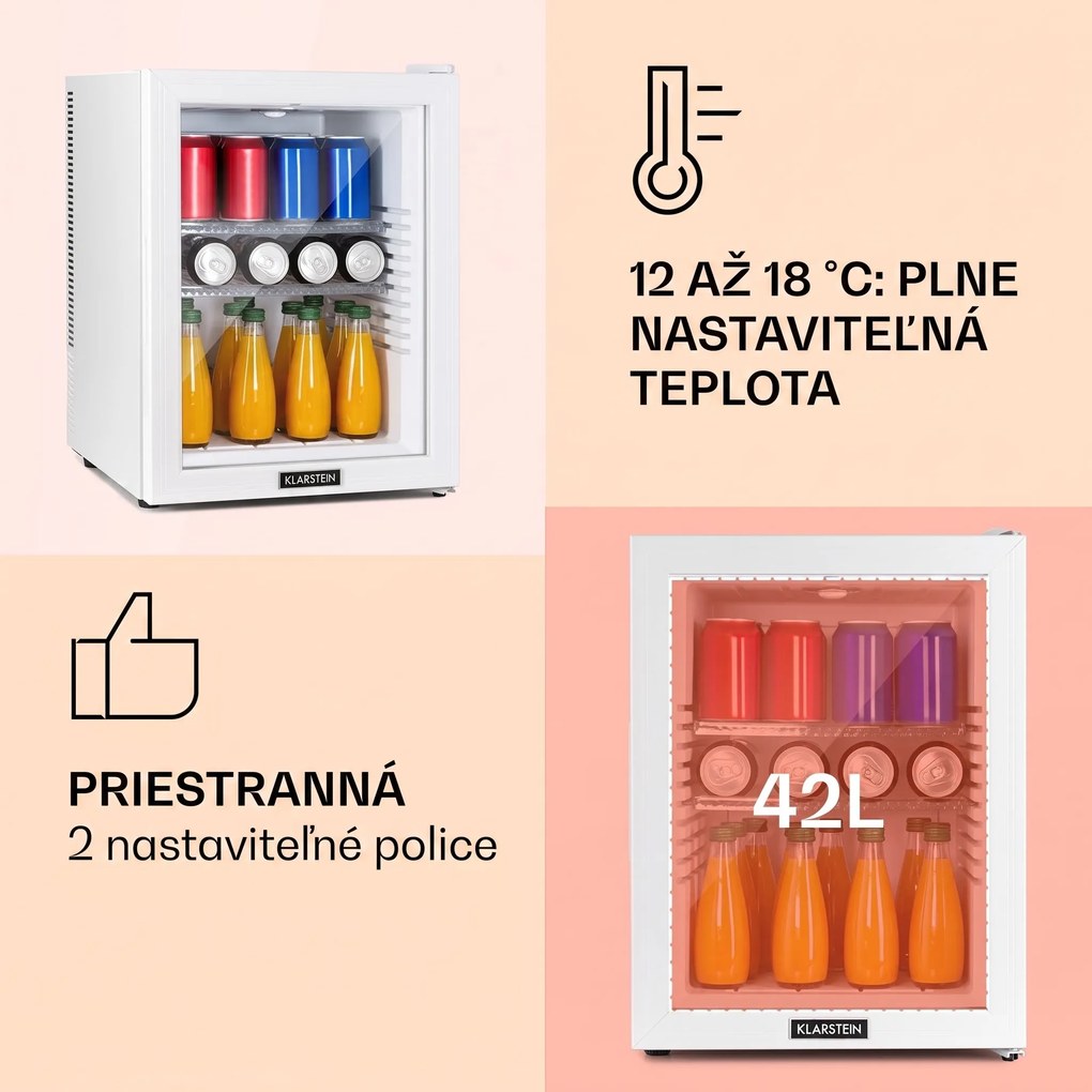 Klarstein Brooklyn 42, mini chladnička, sklenené dvere, LED osvetlenie, police