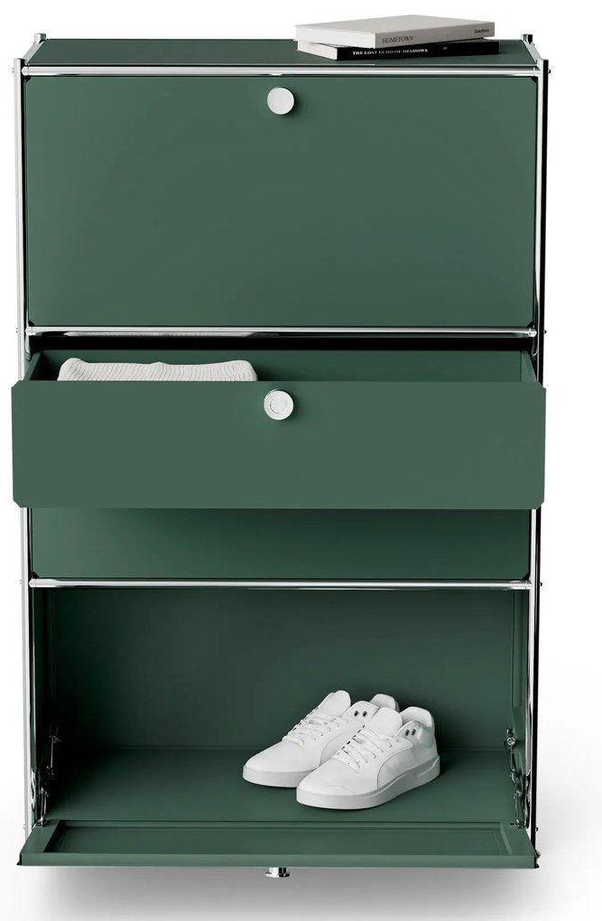 Kovová komoda »CN3« s 2 výklopnými priečinkami a 2 zásuvkami, olivovo zelená