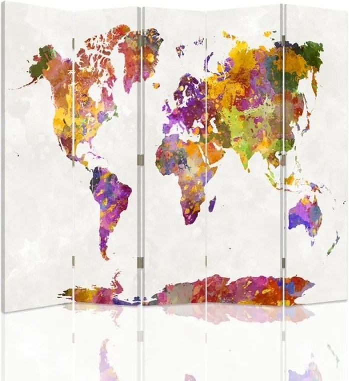 CARO Paraván - A Colorful Map Of The World | päťdielny | obojstranný 180x150 cm
