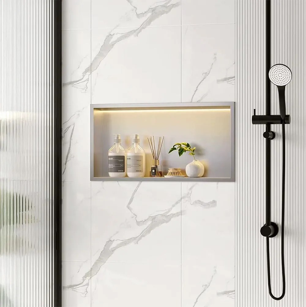 Rea Vstavaná kúpeľňová polica s LED osvetlením 60x30 cm, kartáčovaná oceľ