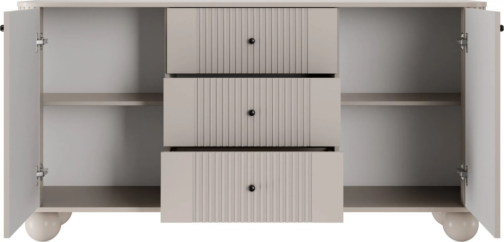 Komoda so zásuvkami Vesper 160 cm - kašmír / čierne úchytky / guľaté nohy