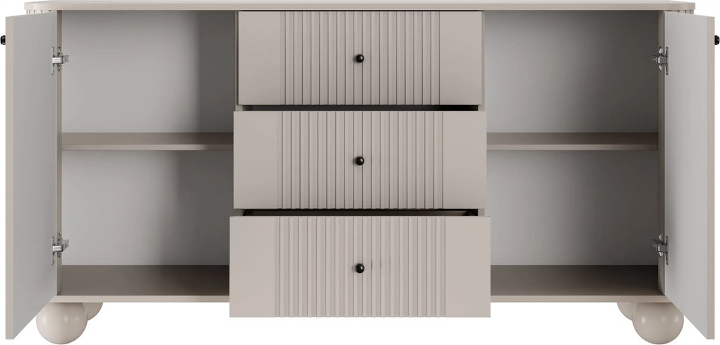 Komoda so zásuvkami Vesper 160 cm - kašmír / čierne úchytky / guľové nohy