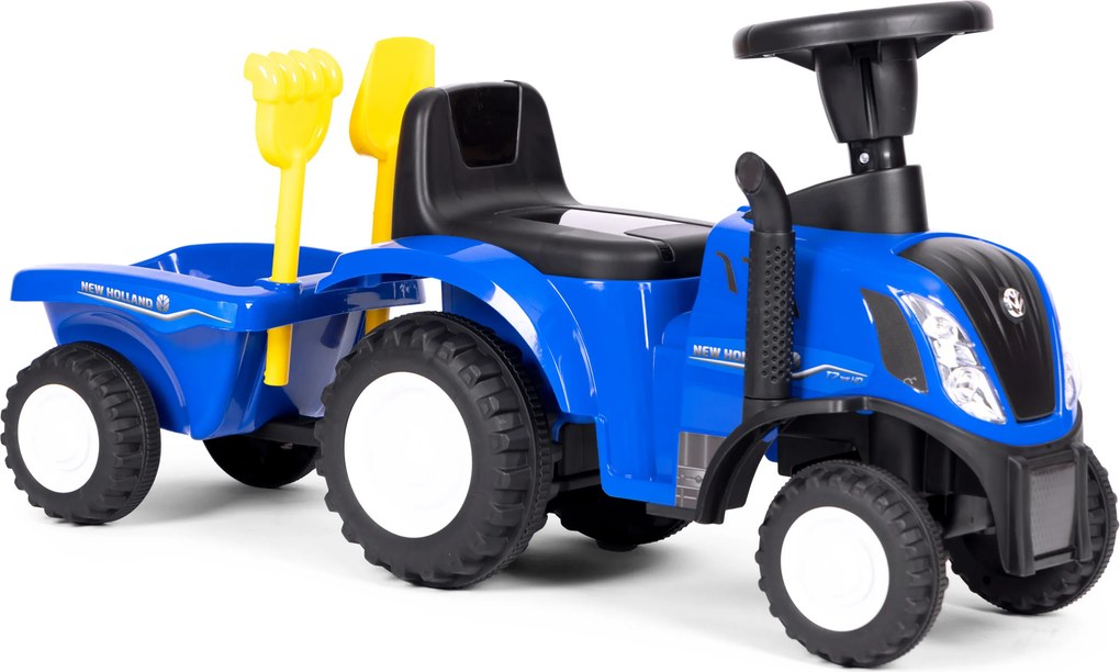 MULTISTORE Jazdík traktor New Holland s odpojiteľnou príveskou, interaktívny volant, modrý