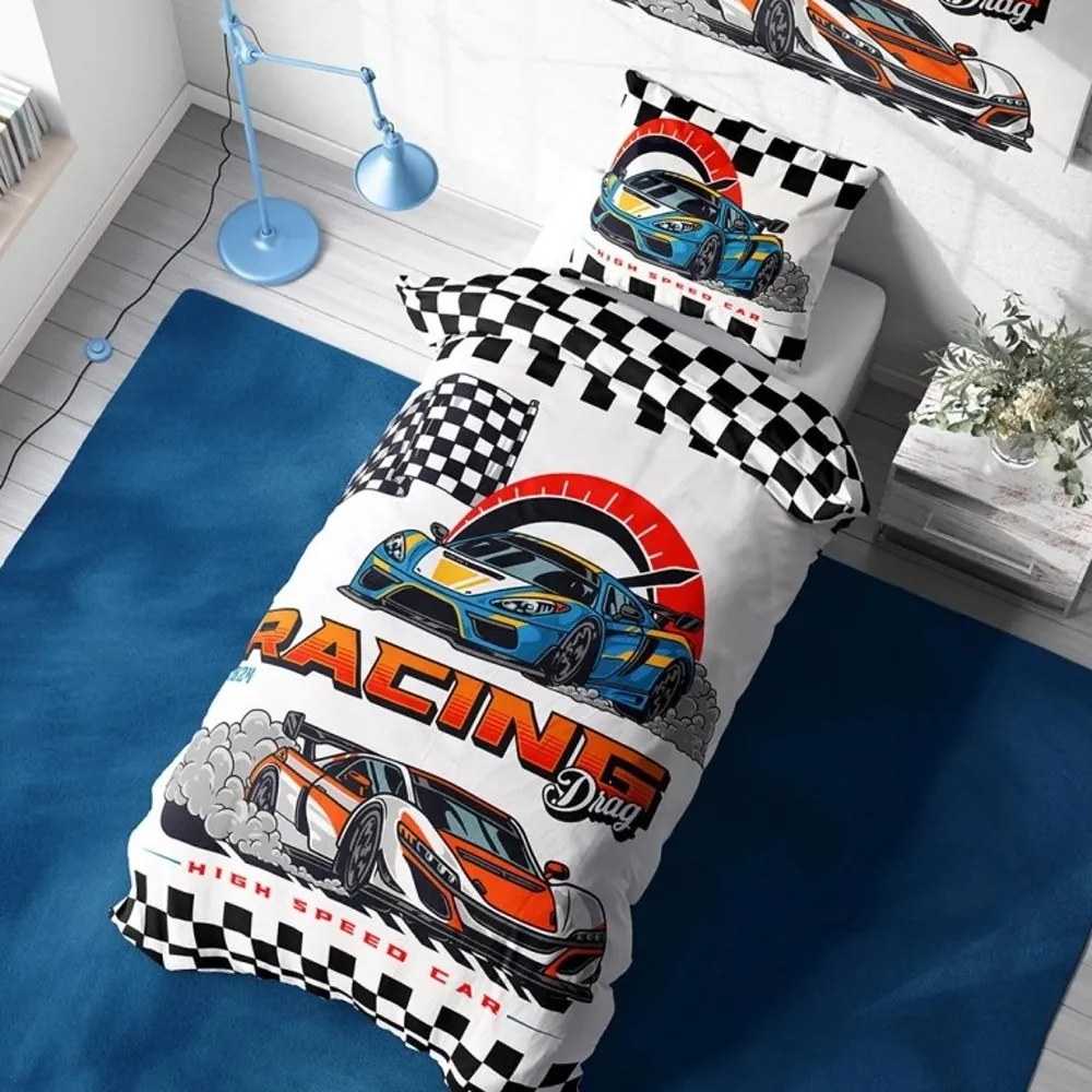 Bavlnené posteľné obliečky Pretekárske autá - motív Drag Racing - 100% bavlna Renforcé - 70x90 cm + 140x200 cm