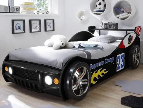Detská závodná posteľ Energy 90x200 cm, čierne auto s osvetlením%