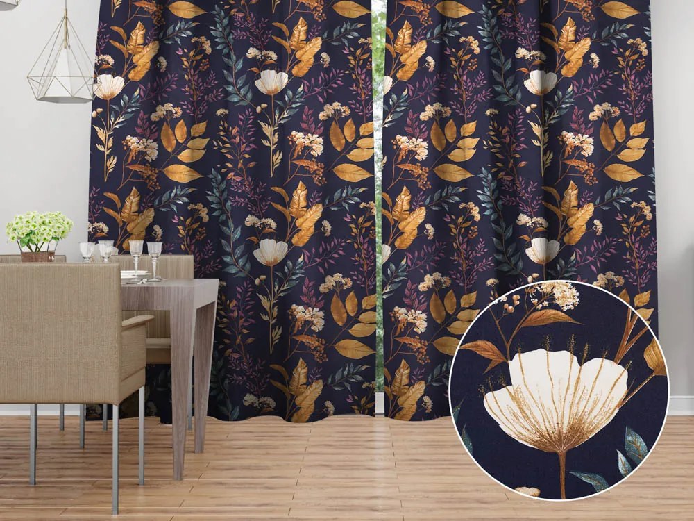 Biante Bavlnený záves Sandra SA-591 Jesenné vetvičky na tmavo modrom 150x170 cm