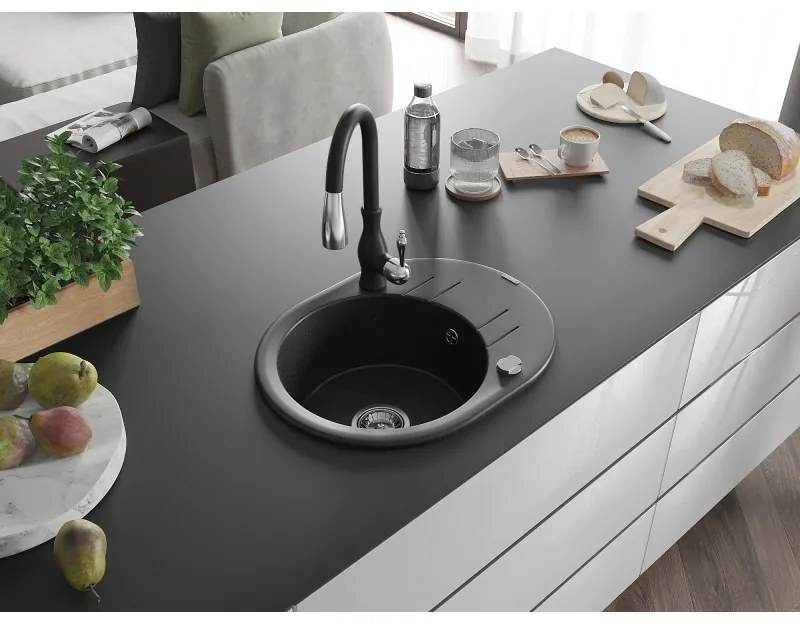 Mexen Kevin, granitový drez 586x458x190 mm, 1-komorový a drezová batéria Savita, čierna-strieborná metalíza, 6517-73-672601-70