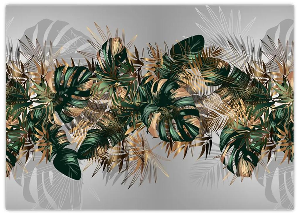 Sklenený obraz - Zlato-zelené tropické listy (70x50 cm)