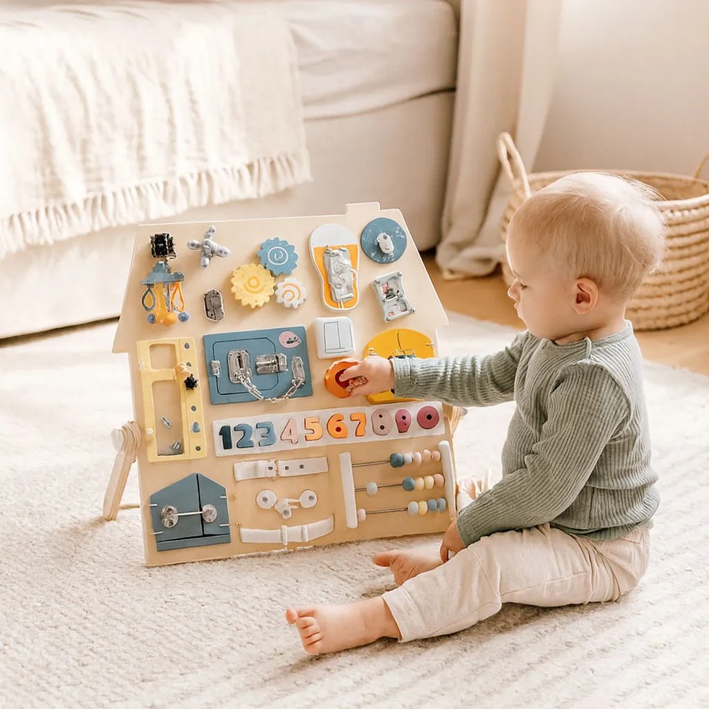 ECOTOYS Veľká drevená senzorická manipulačná tabuľa pre deti vzdelávací panel XL