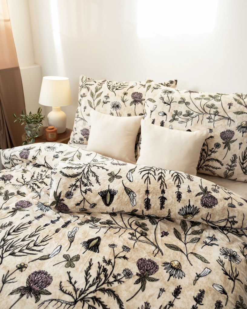 Predĺžené obliečky mikroplyš Exclusive – Herbár béžové