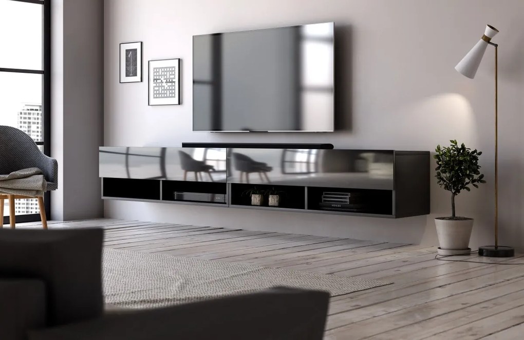 Závěsný TV stolek Derby 280 cm černý mat/černý lesk