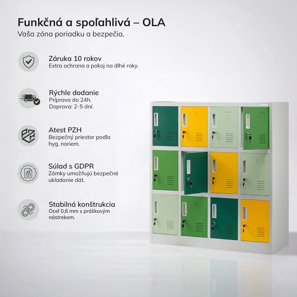 Kovová skrinka do školy a škôlky sivo-zeleno-žltá, 1090x1200x450 mm: OLA