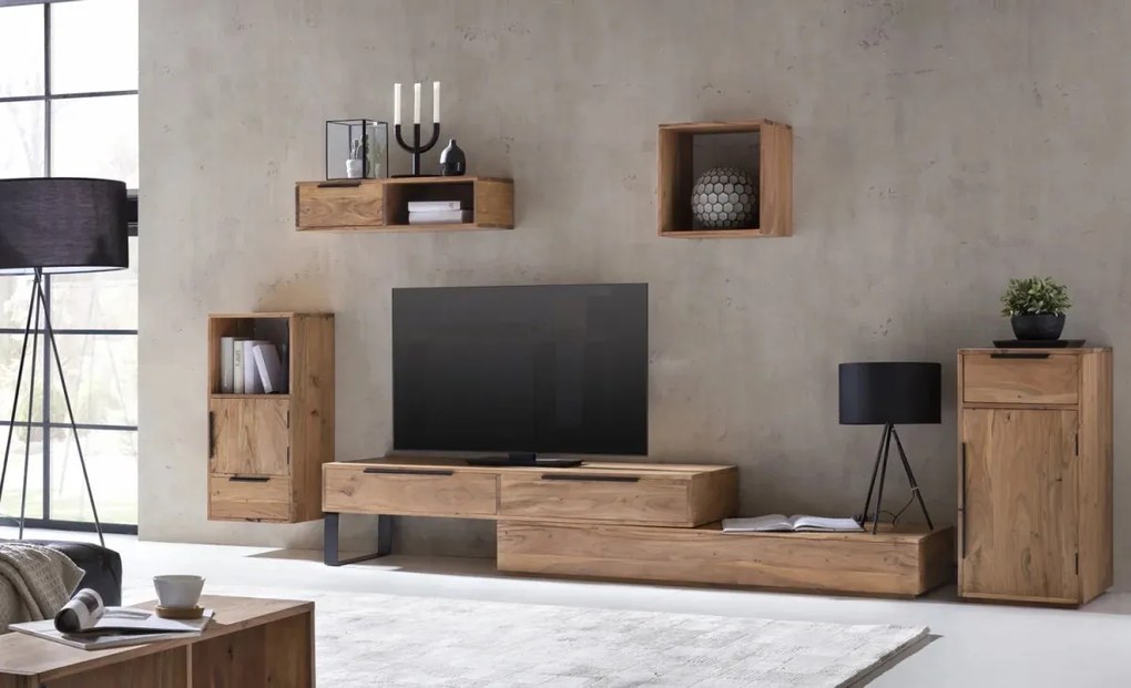 furniture-nabytek.cz - Masivní TV stolek Auckland Acacia z akácie a kovu, lakovaný, hnědý – 155×45×40 cm