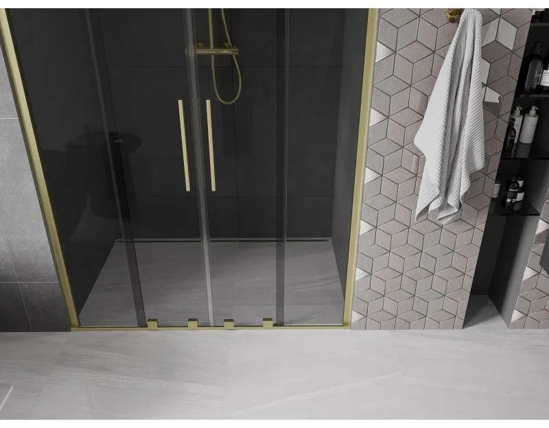 Mexen Velar Duo, posuvné sprchové dvere do otvoru 140 cm, 8mm šedé sklo, zlatá matná, 871-140-000-42-55