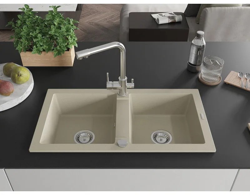 Mexen Mario, 2-komorový granitový drez 820x436x161 mm a chrómová drezová batéria Duero, béžová, 6504-69-671600-00