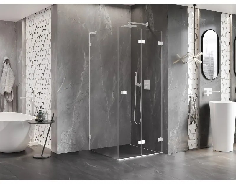 Mexen Lunar-F L, sklápací sprchový kút pravý 80 x 80 cm, 8mm číre sklo, biely profil, 836L-080-080-20-00-P