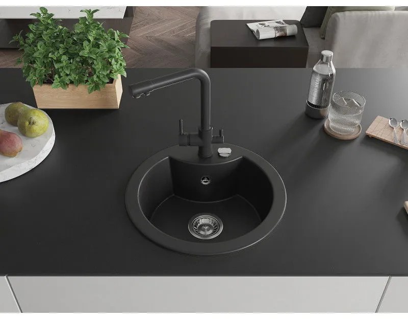 Mexen Diego, 1-komorový granitový drez 488x488x167 mm, čierna batéria Duero, čierna, 6512-77-671600-70