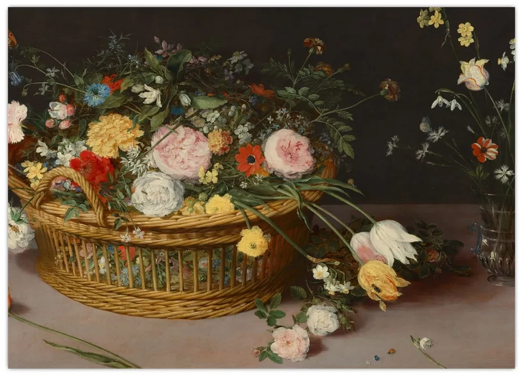 Obraz - Jan Brueghel the Elder, Flowers in a Basket and a Vase, reprodukcia (70x50 cm)