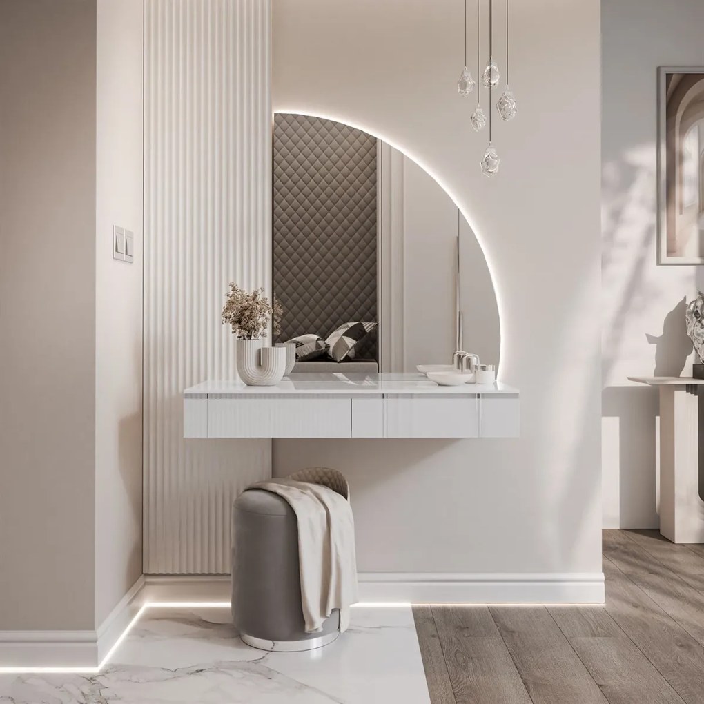 TOALETNÝ STOLÍK NESSIE BIELY LESK PRAVÝ + STRIEBORNÝ + ZRKADLO POLMESIAC