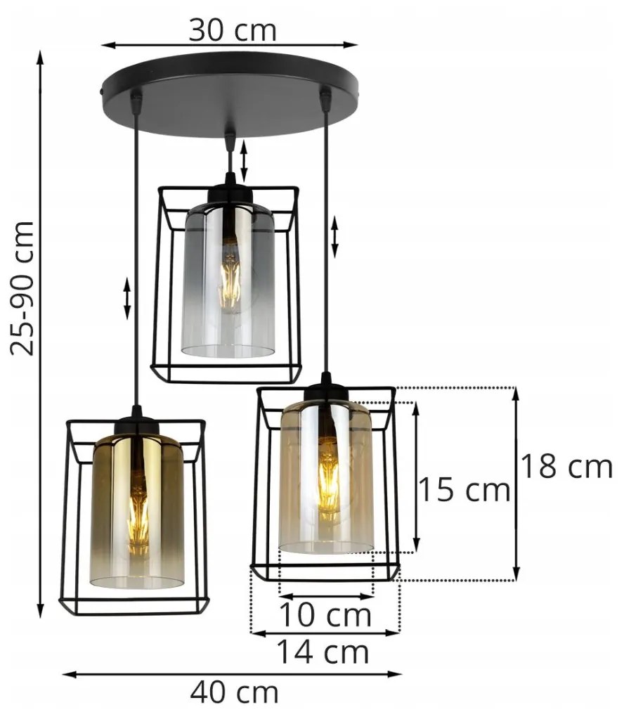 Závesné svietidlo Hella cage, 3x sklenené tienidlo (mix 3 farieb) v kovovom ráme, o