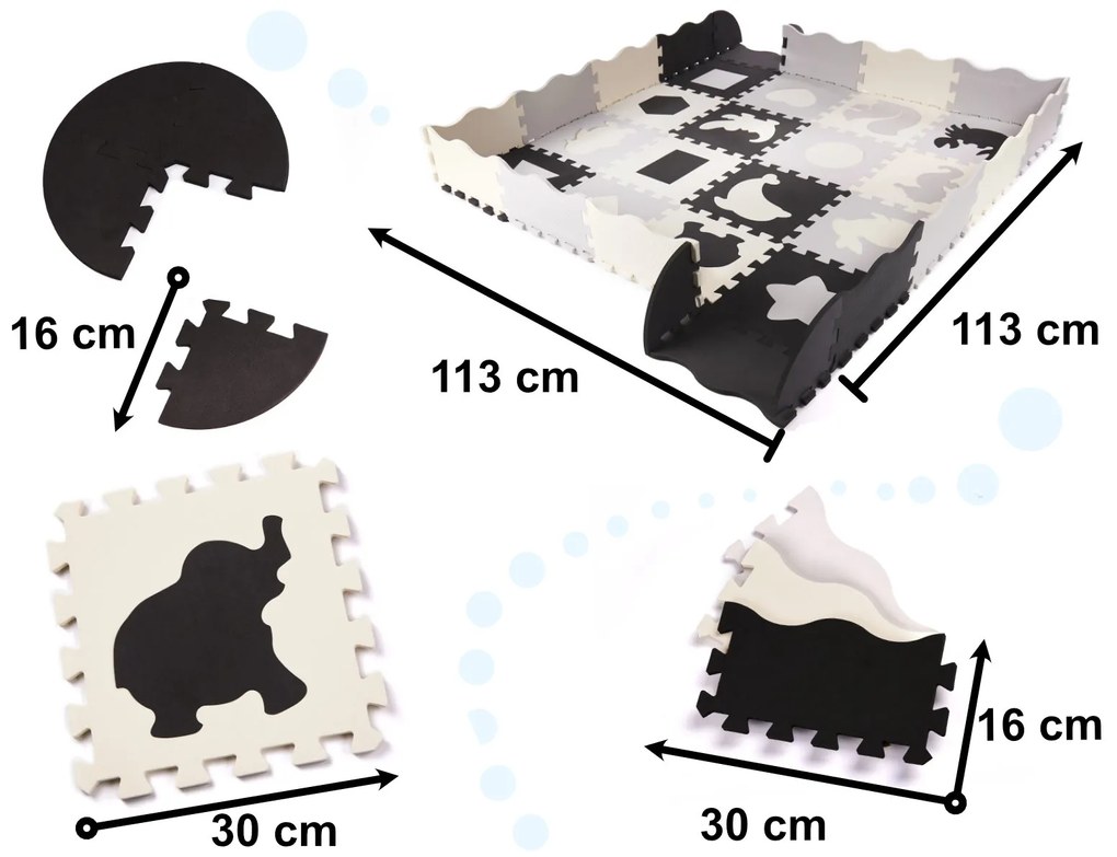 KIK Penová podložka na puzzle / ohrádka pre deti 36el. black-grey-ecru