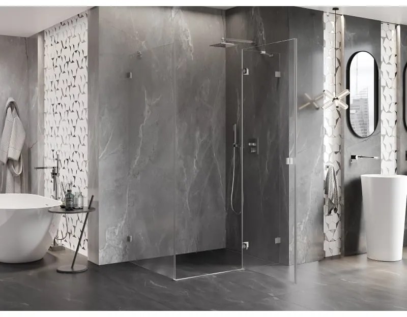 Mexen Lunar, pravostranný výklopný sprchový kút 95 x 90 cm, 8mm číre sklo, oceľový profil, 834-095-090-97-00-P
