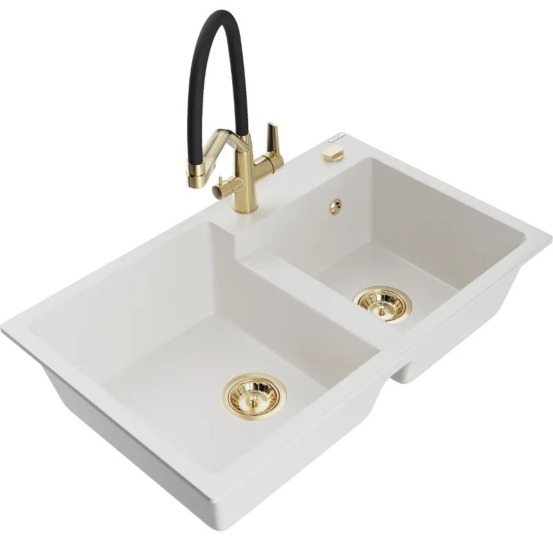 Mexen Tomas, 2-komorový granitový drez 800x500x190 mm a kuchynská batéria Duo, biela, 6516-20-671701-57-G