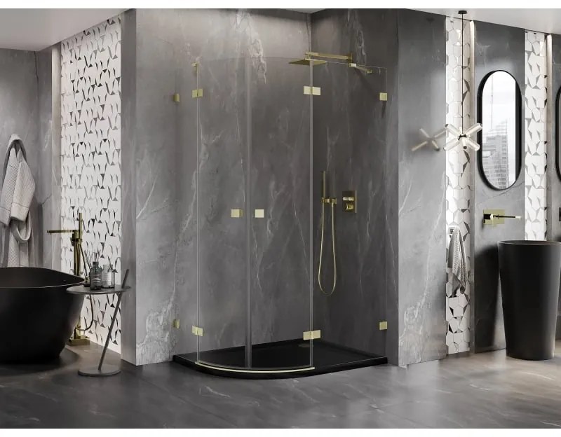 Mexen Lunar, pravý polkruhový sprchový kút 90 x 80 cm, 8mm číre sklo, zlatý matný profil, 833-090P-080L-55-00