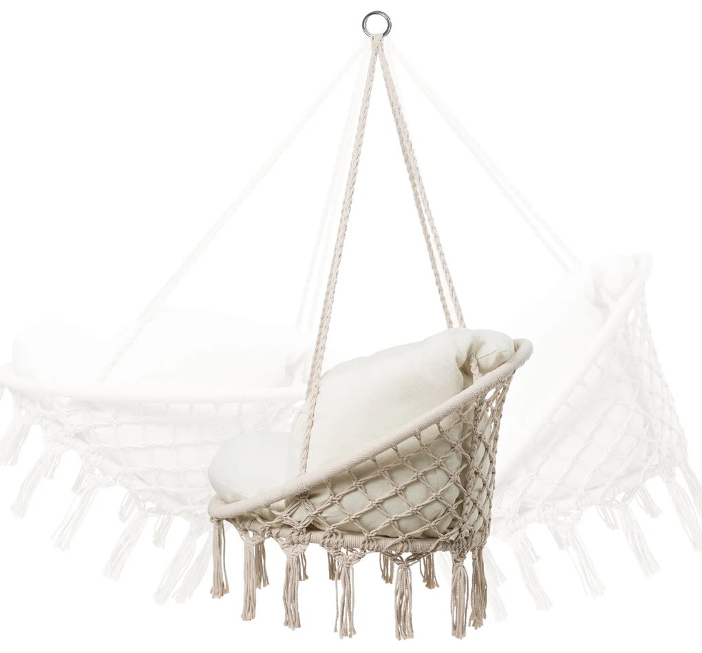 Závesné kreslo BOHO, béžové, Ø61cm, s vankúšmi