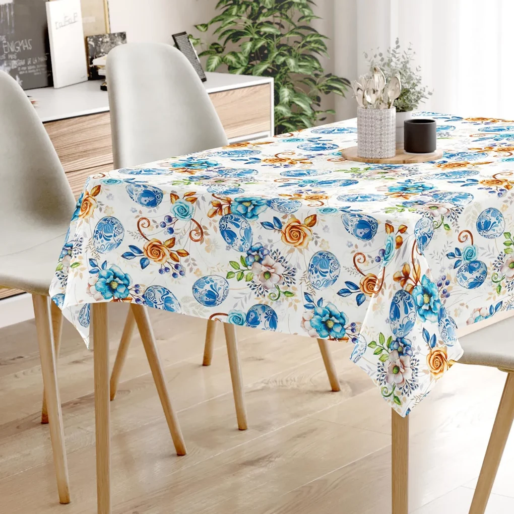 Goldea veľkonočný hranatý obrus loneta - maľované modré kraslice 50 x 100 cm