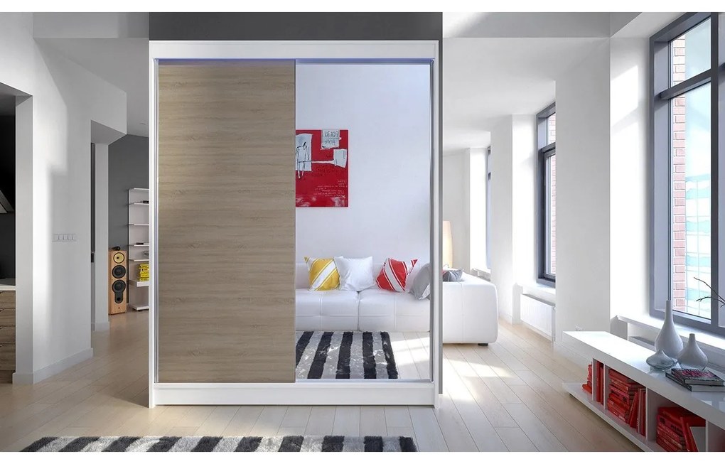 Skriňa s posuvnými dverami Belgia I, Farby: biela / sonoma + zrkadlo, Osvetlenie: osvetlenie LED RGB - farebné