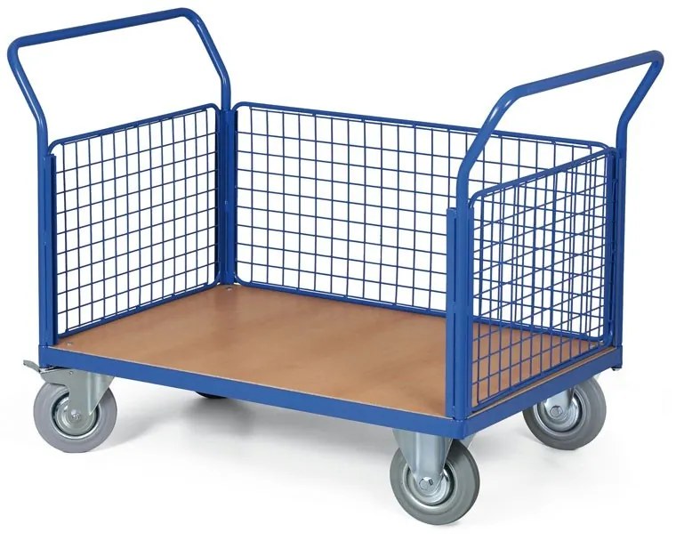 Plošinový vozík - 3 drôtené výplne, 1200x800 mm, nosnosť 300 kg, kolesá 160 mm s čiernou gumou