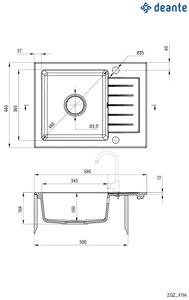 Deante Zorba, granitový drez 580x440x164 mm Z/KO, 3,5" + priestorovo úsporný sifón, 1-komorový, čierna, ZQZ_N11A