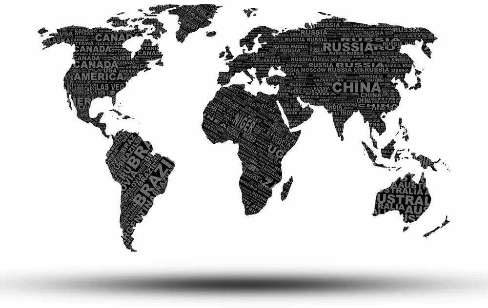 Originálna samolepiaca tapeta moderná mapa sveta v čiernobielom prevedení