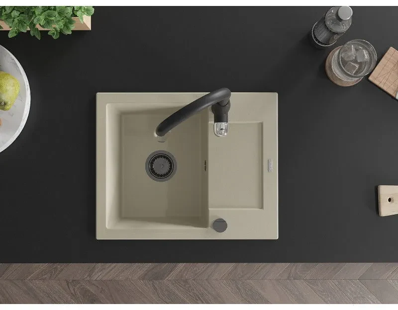 Mexen Enzo, 1-komorový granitový drez 576x465x174 mm a drezová batéria Savita, béžová, 6506-69-672601-70