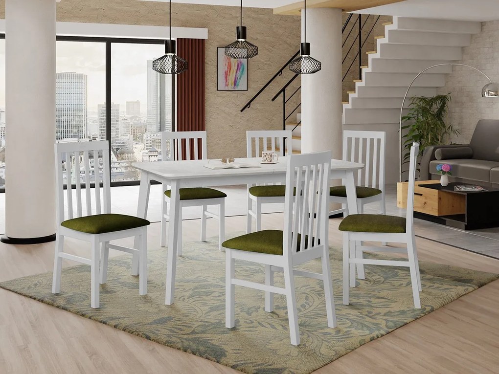 Rozkladací stôl so 6 stoličkami AL16, Morenie: biela, Poťahové látky: Zetta 297, Farby nožičiek: čierna