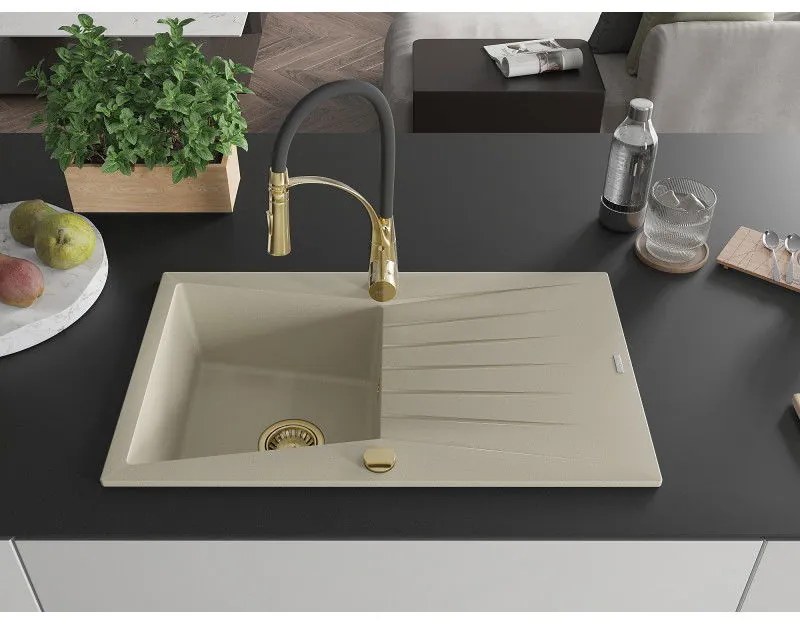 Mexen Cesar, 1-komorový granitový drez 775x470x190 mm a drezová batéria Aster, béžová, 6514-69-73450-57-G