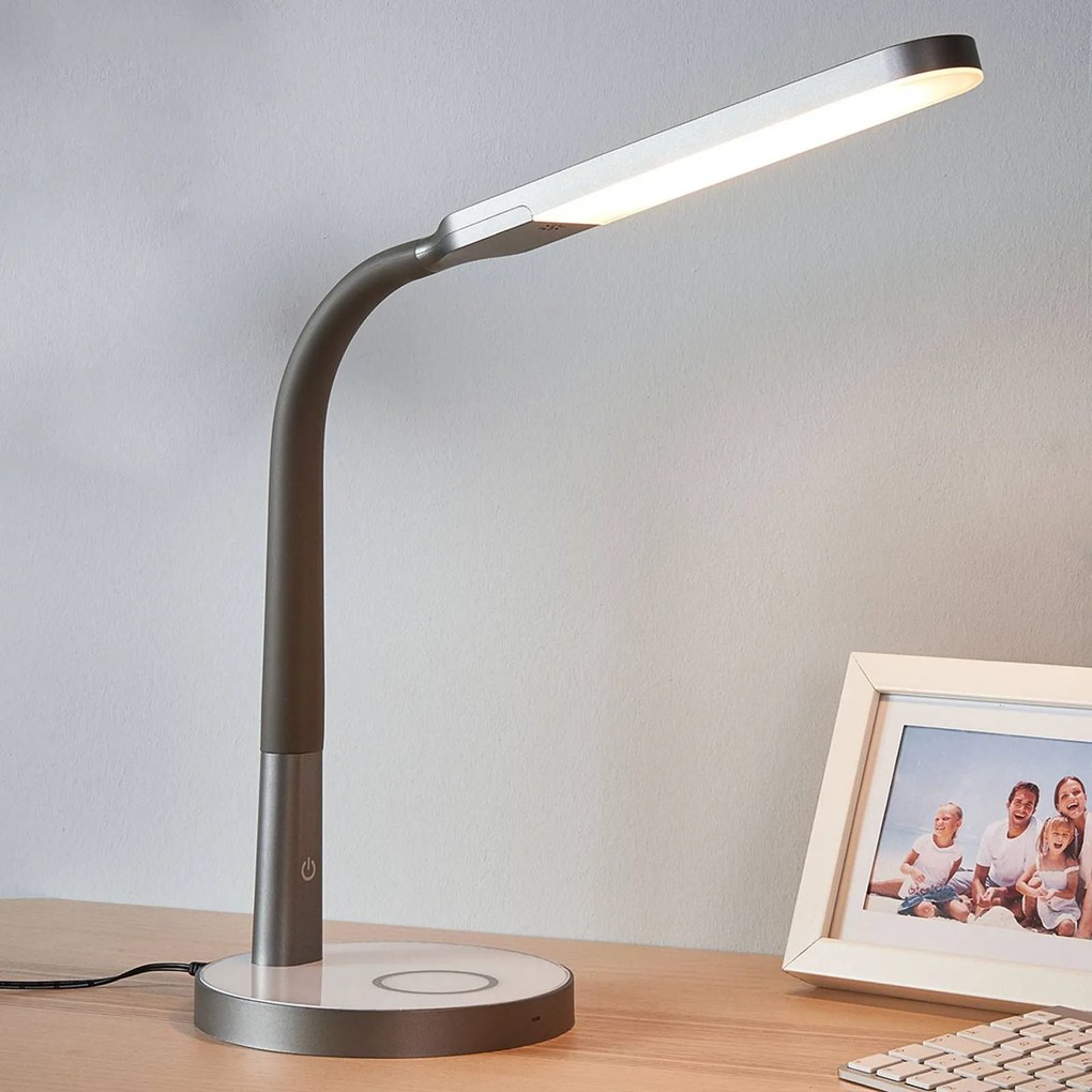 Sivá LED lampa na písací stôl Maily USB a stmievač