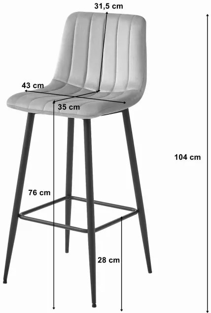 Set troch barových stoličiek POZZA zamatové strieborná (čierne nohy) 3 ks