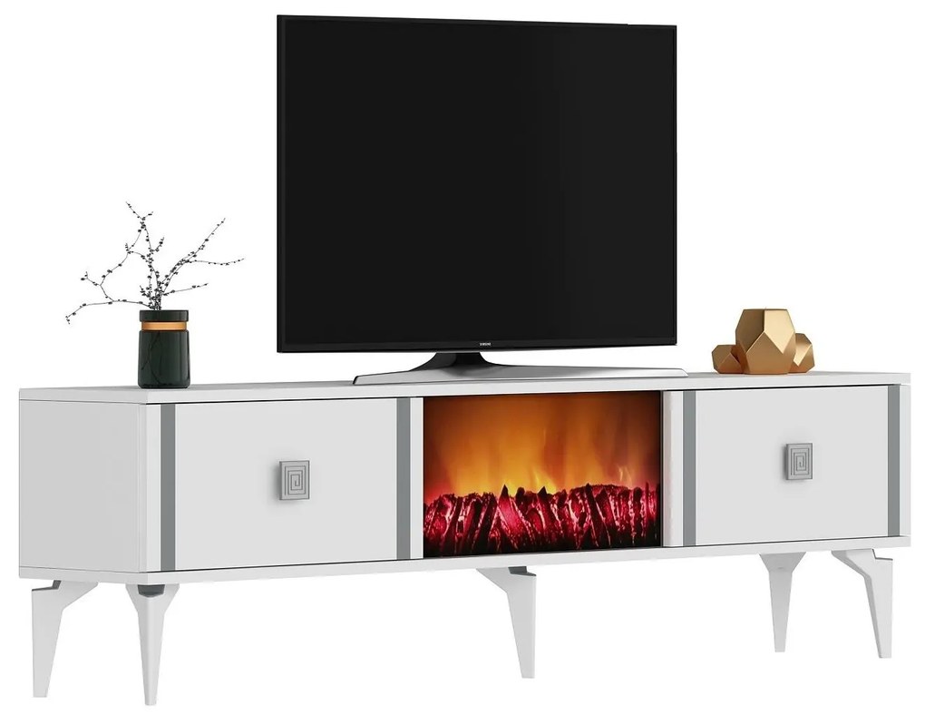 TV stolík/skrinka s krbom Tobuvu 2 (biela + strieborná) . Vlastná spoľahlivá doprava až k Vám domov. 1095522