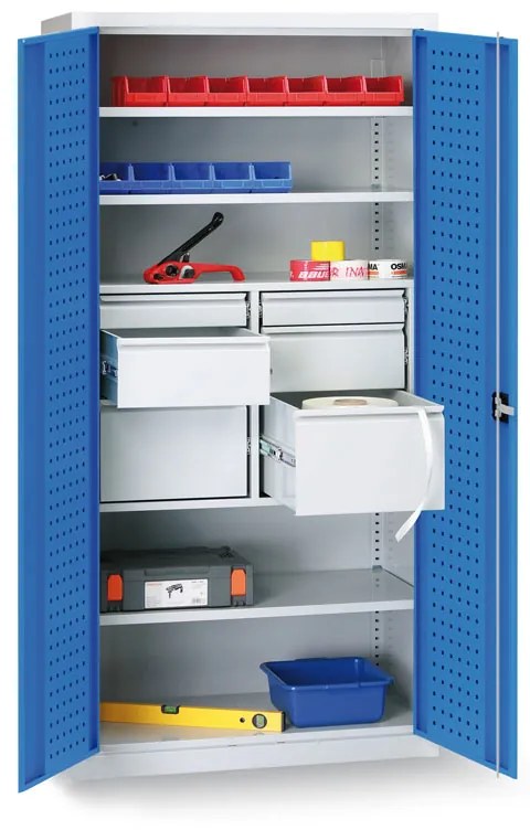 Dielenská kovová skriňa na náradie KOVONA, 2 police, 6 zásuviek, zváraná, nosnosť 50 kg, 950 x 500 x 1950 mm