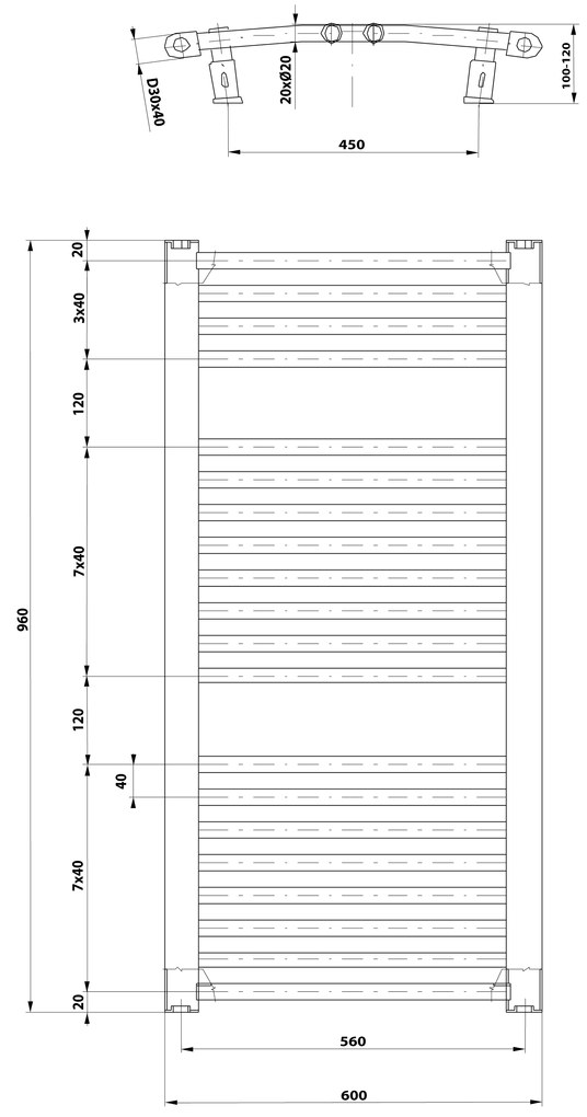 Aqualine Aqualine, ORBIT vykurovacie teleso s bočným pripojením 600x960 mm, biela, ILO96T