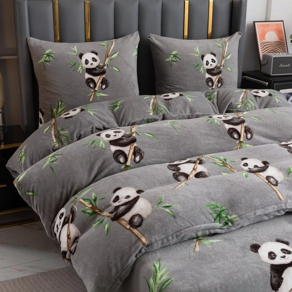 Mikroplyšové obliečky HAPPY PANDA sivá Rozmer obliečky: 70 x 80 cm | 140 x 200 cm
