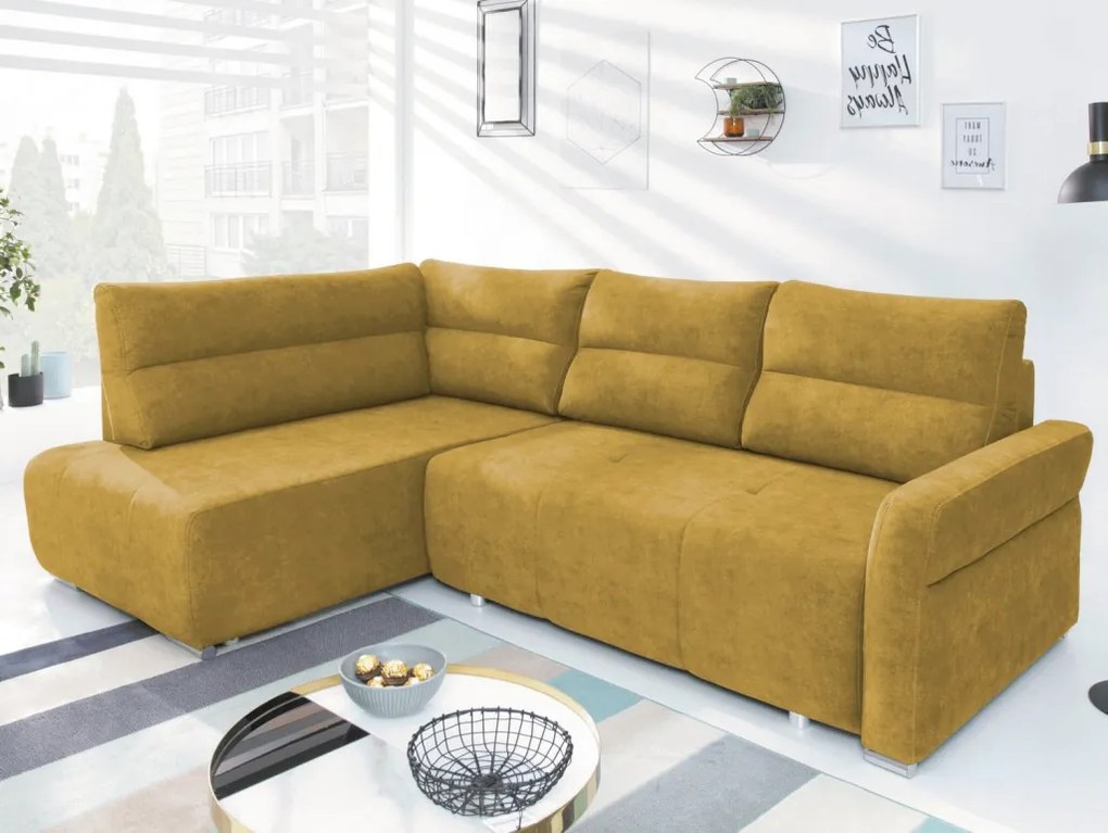Rohová sedačka na trvalé spanie Island, horčicová žltá látka, ľavý roh