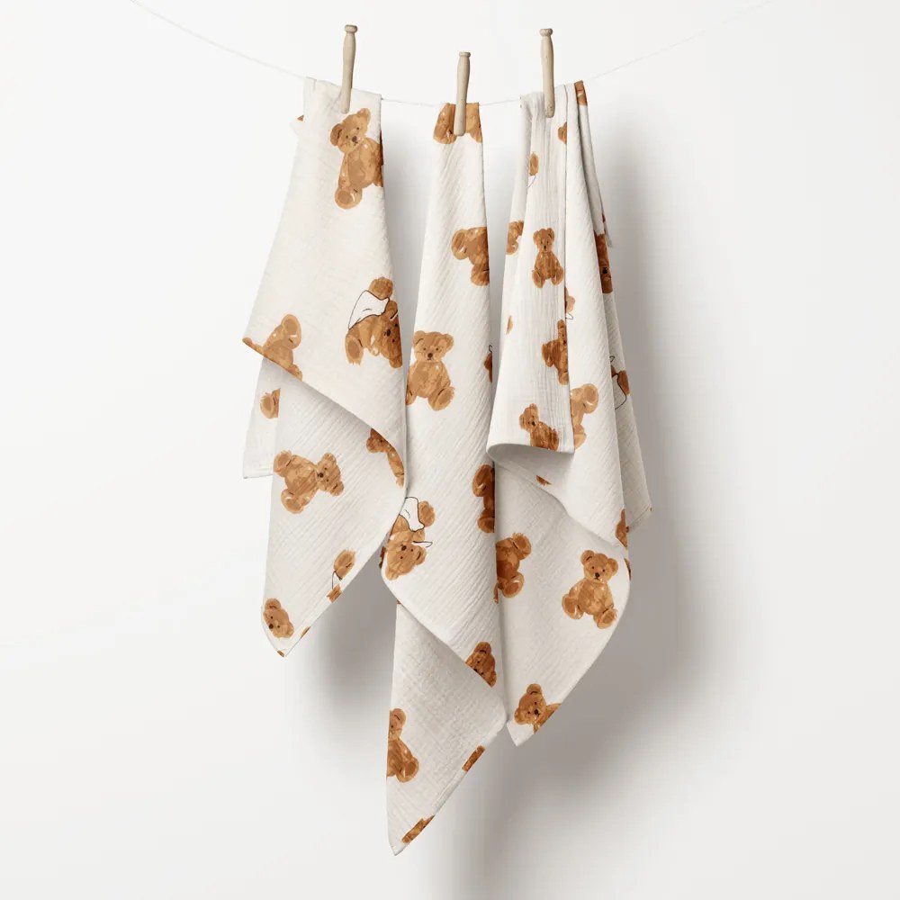 Biante Mušelínová plienka/dečka Nature MSN-038 Medvedíky na krémovo bielom - ZVÝHODNENÁ SADA 3 KS 120x120 cm - Sada 3 ks