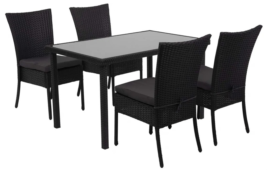 4x Stolička a stola HWC-G19, polyratan, 120x75cm - čierna, vankúše tmavosivá
