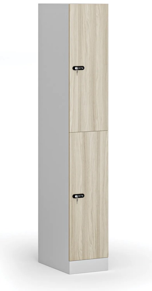 Šatníková skrinka S1 s úložnými boxmi, 2 boxy, 1850 x 300 x 500 mm, mechanický kódový zámok, laminované dvere, dub prírodný