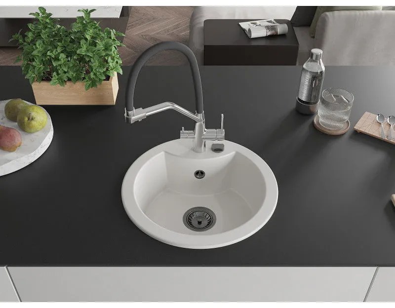 Mexen Diego, 1-komorový granitový drez 488x488x167 mm a drezová batéria Duo, biela, 6512-20-671701-07-B